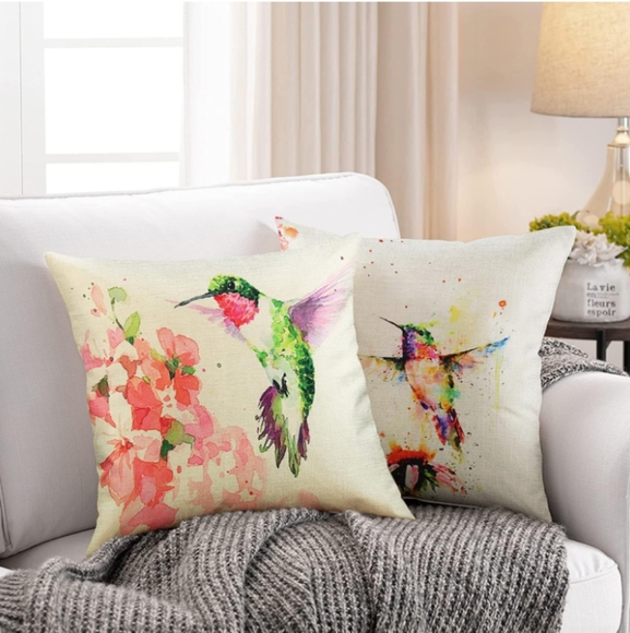 Set 4 Hummingbird Watercolor Bird Pillow Covers Throw Pillows Birds 16" 18" New - Picture 7 of 9